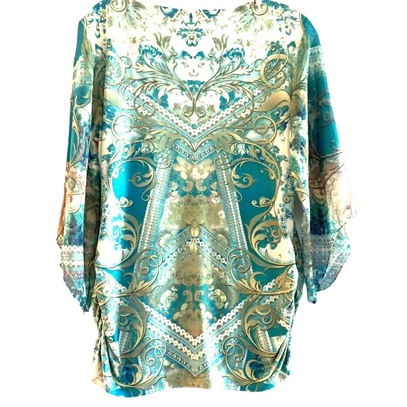 Blouse Luxurious feeling teal print. Scoop neck. Beautiful Angel sleeves. Medium - Picture 2 of 8